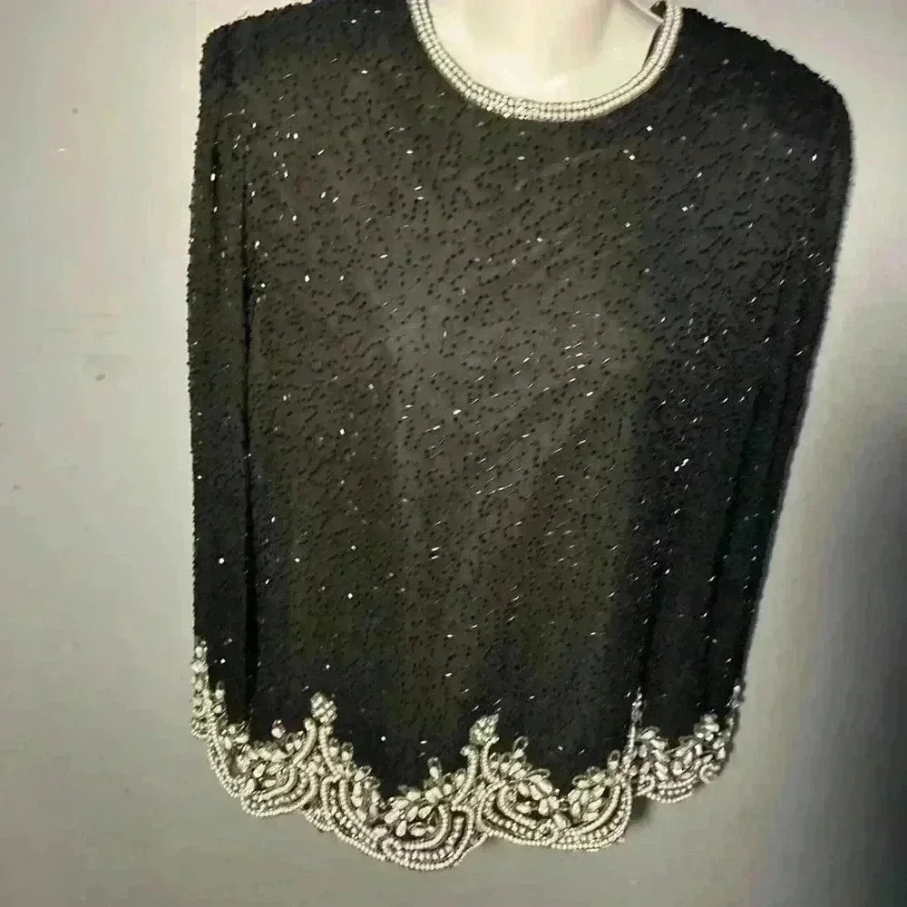 Laurence Kazar Vintage Black Pearl Beaded Long Sleeve Blouse Top, M